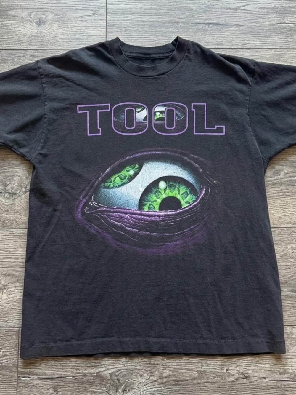 Gildan Black TOOL Tee with Green Eye Graphic and Purple Logo